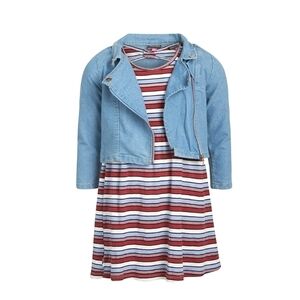 Blue Denim Jacket with Striped Dress